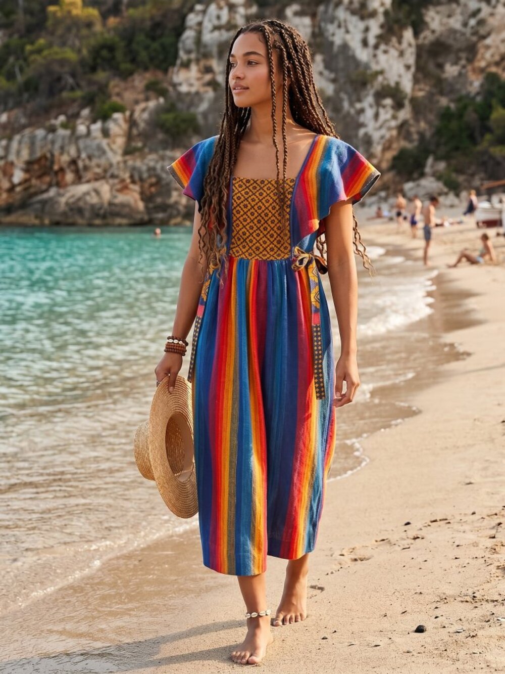 Vintage 1970s Rikma Boho, hippie Multicolor Striped Maxi Dress with Puff Sleeves